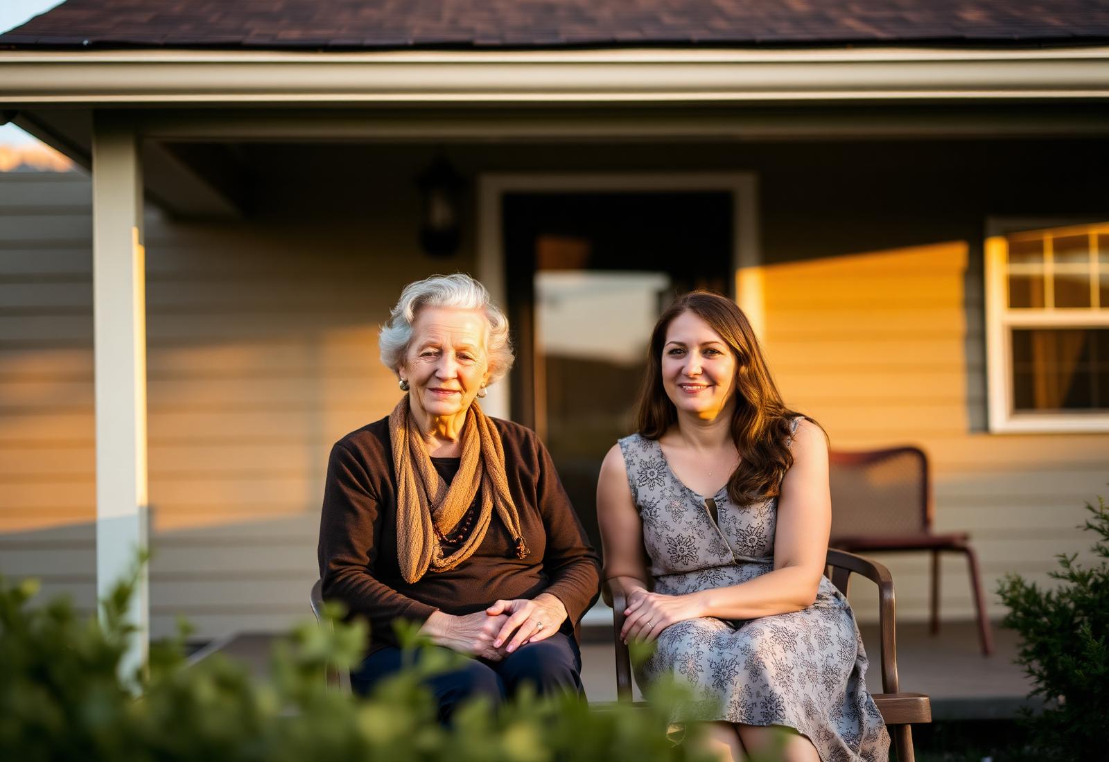 An adult daughter sitting with her elderly father in a sunlit living room